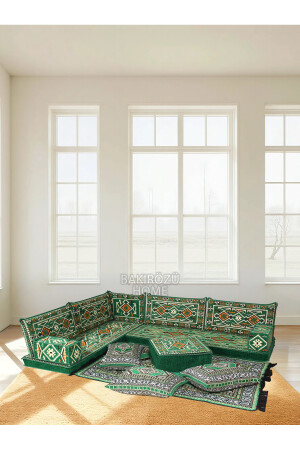 طقم ركن شرقي أصلي أخضر أناضولي 14 قطعة (طقم أرائك رغوية يشمل سجادة ومقعد) - BAKIRÖZÜ HOME