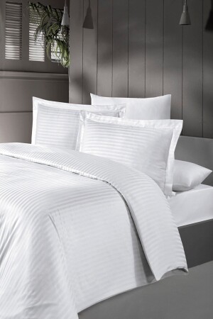 Otel Battal Boy Çizgili Pamuk Saten 180x200 Lastikli Nevresim Takımı Volanlı Oxfort Yastık Kılıflı volan01 - Tekstil Home