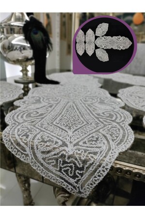 Ottoman 5 Piece Luxury Runner Living Room Table Coffee Table Cover Set French Laced Dowry Set Silvery - Neubella Home