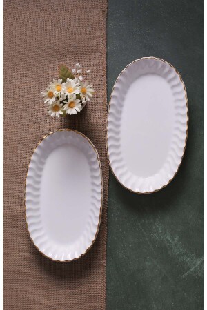Oval Ruffle Serving Plate - Presentation Plate - Salad Plate 2 Pieces White Color - Fbe Home