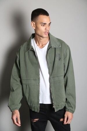 Oversize Haki Baskılı Erkek Fermuarlı Bomber Kot Ceket XL - Ltc Jeans