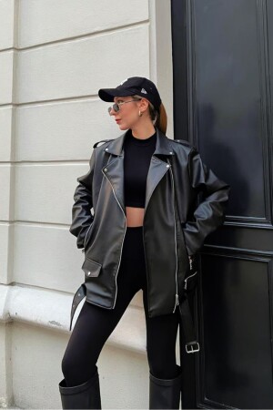 Oversize Kadın Uzun Biker Deri Ceket - Buqre's Moda