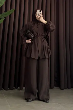 Oversize Ribbed Set with Belt, Coffee - Nuuwears