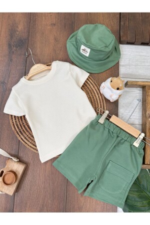 Oversize Safari Şapkalı Cep Detaylı Omuzdan Çıtçıtlı Waffle Tshirt Yazlık Erkek Bebek Takım - Babexi