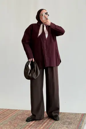 Oversize Shirt with Scarf Detail, Burgundy - Nuuwears