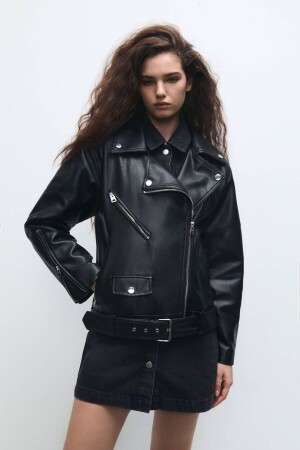 Oversize Suni Deri Biker Ceket - Pull & Bear