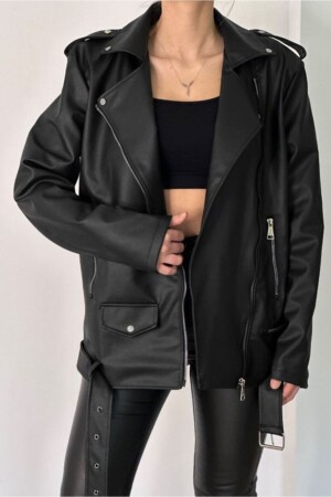 Oversize Uzun Kemerli Kadın Deri Ceket - Mitay