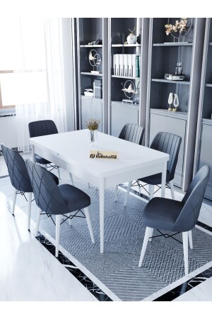 Ovo Aytaşı 80x130 Cm Açılır Yemek Masası - 6 Kişilik Masa Sandalye Takımı - Antrasit - Kaffahome