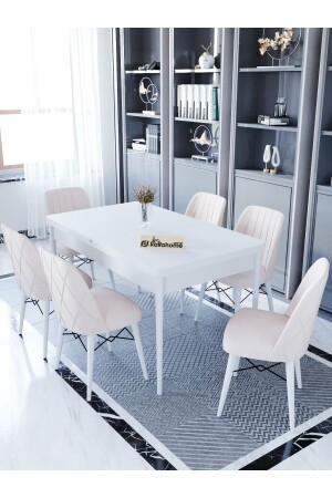 Ovo Aytaşı 80x130 Cm Extendable Dining Table - 6-Person Table Chair Set - Cream - Kaffahome
