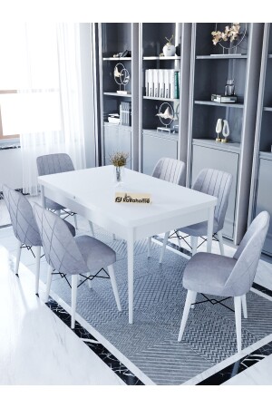 Ovo Aytaşı 80x130 Cm Extendable Dining Table - 6-Person Table Chair Set - Gray - Kaffahome