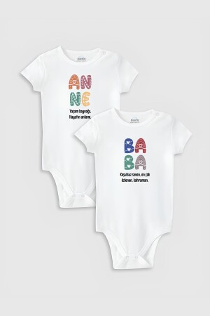 Özel Tasarım Anne Baba-2 Ikili Bebek Body Beyaz Badi Zıbın 5179-5180 - Overoz
