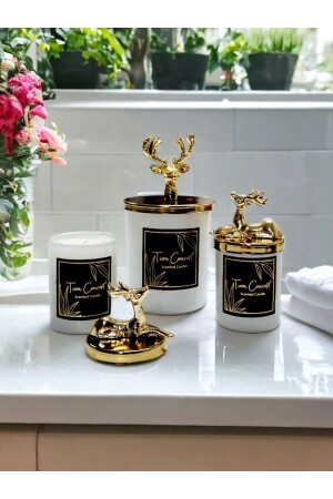 Özel Tasarım Dekoratif Gold Geyikli Vanilya Kokulu Beyaz Bardak Mum 3'lü Set - Tiem Concept