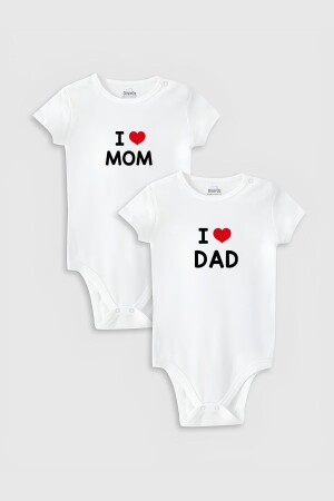 Özel Tasarım I Love Mom I Love Dad Anne Baba Ikili Bebek Body Beyaz Badi Zıbın 5213-5214 - Overoz