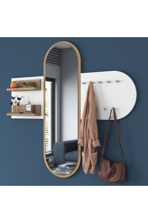 P3 Mirrored Wall Hanger Full-length Mirror Basket Walnut - White Cloakroom - Rani Mobilya
