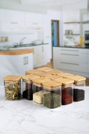 Pack of 12 200 ml Square Bamboo Glass Jars with Lids Luxury Series 200 ml Vacuum Lids - Karçiçeği Home