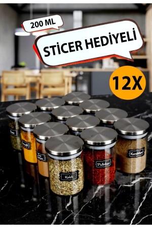 Pack of 12 Labeled 200 ml Metal Borosilicate Glass Spice Jar Storage Door with Label Gift 09091802090104 - Pembelia Life