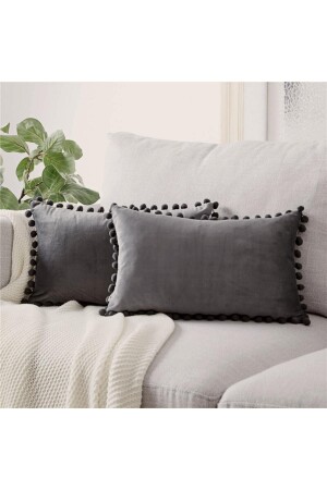 Pack of 2 Gray Small Pom-Pom Pillow Cases, Velvet Look, 2 Pieces 30 X 50 cm - Bc Home