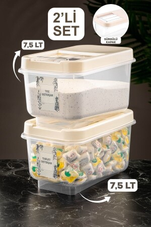 Pack of 2 Labeled 7.5 lt Detergent Storage Container with Sliding Lid Tablet Detergent Storage Box Cream MCH-730 - Meleni Home
