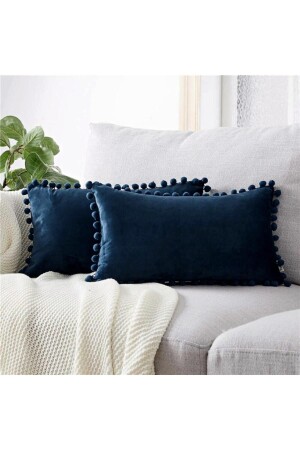 Pack of 2 Navy Blue Small Pompom Cushion Covers, Velvet Look, 2 Pieces 30 X 50cm - Bc Home