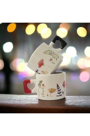 Pack of 2 Red Black Elegant Flowers Printed Handmade Natural Ceramic Heart Mug Cup - Cup - Ikiseramik