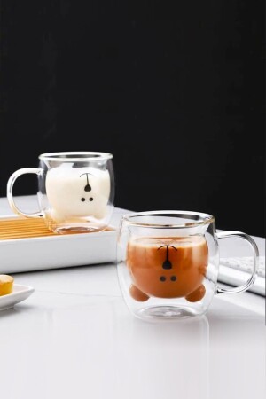 Pack of 2 Teddy Bear Design Double Walled Glass Mug 250 Ml, Double Walled Glass Mug with Handle 2 Pieces SPT151KPA - Snippy