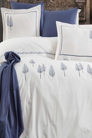 Pamira Embroidered Cotton Satin Double Duvet Cover Set Navy Blue CD445689 - Dantela