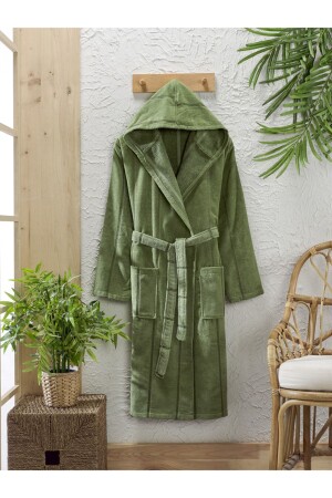 Pamuklu Kadife Kapüşonlu Unisex Yeşil Bornoz - Semecca