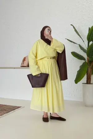 Pamuklu Sık Pile Crop Takım Sarı - Nuuwears