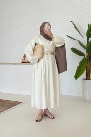 Pamuklu Sık Pile Crop Takım Vanilya - Nuuwears