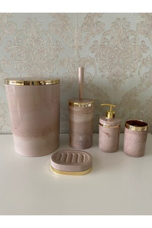 Stück Badezimmer-Set mit Marmormuster/WC-Bürstenhalter – Flüssigseifenspender – Mülleimer – Zahnbürstenhalter - Trend Banyo Mutfak