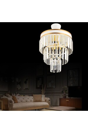 Paris 3'lü Katlı Beyaza Gold Yaldızlı Kristal Taşlı 30'luk Modern Avize AK000397 - Kraliçe