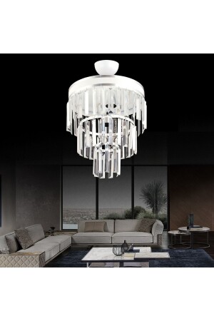 Paris 3'lü Katlı Beyaza Krom Yaldızlı Kristal Taşlı 30'luk Modern Avize AK000398 - Kraliçe