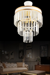 Paris 4'lü Katlı Beyaza Gold Yaldızlı Kristal Taşlı 30'luk Modern Avize AK000400 - Kraliçe
