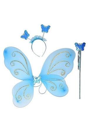 Partidolu Blaue Farbe Schmetterlingsflügel-Set 50 cm Flügelstab Krone 3er-Set - Pandoli