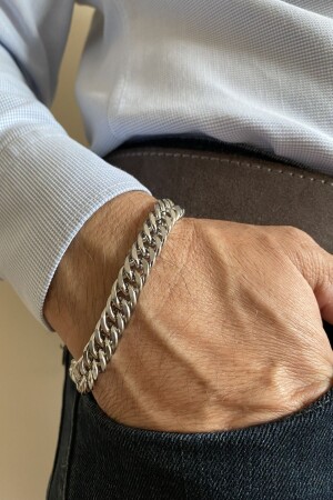 Paslanmaz Çelik Erkek Kalın Örme Model Zincir Bileklik Parlak Gümüş Gri Gümüş 21 Cm - Axexuar