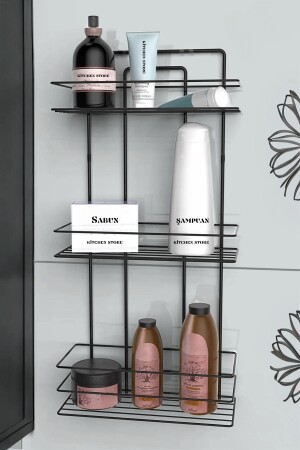 Paslanmaz Yapışkanlı Siyah 3 Katlı Düz Banyo Köşeliği Şampuanlık Köşelik Banyo Rafı 74629212 - Kitchen Store