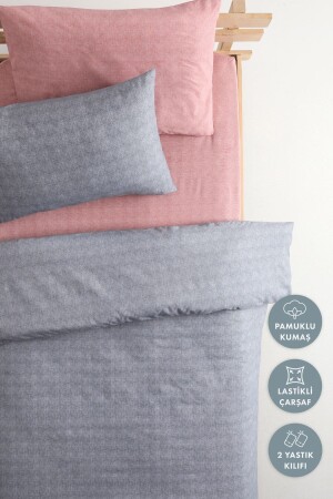 Patterned Cotton Single Duvet Cover Set with Elastic Sheets - Gray - Dusty Rose F1627 - FAVORA