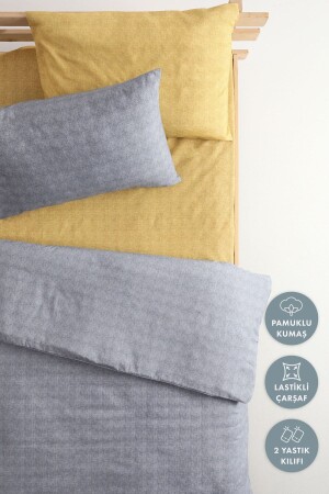Patterned Cotton Single Duvet Cover Set with Elastic Sheets - Gray - Mustard F1627 - FAVORA