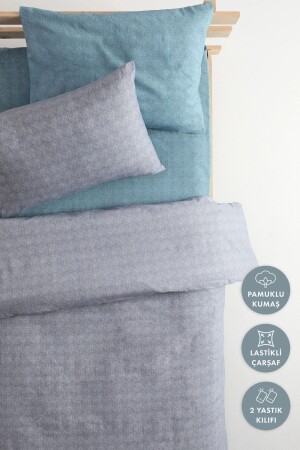 Patterned Cotton Single Duvet Cover Set with Elastic Sheets - Gray - Turquoise F1627 - FAVORA