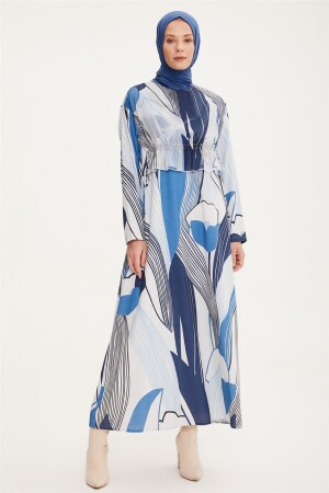 Patterned Dress with Adjustable Waist 22k9519 Blue - Armine