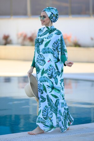 Patterned Kaftan Single Pareo Green Leaves on Hijab Swimsuit - Remsa Mayo