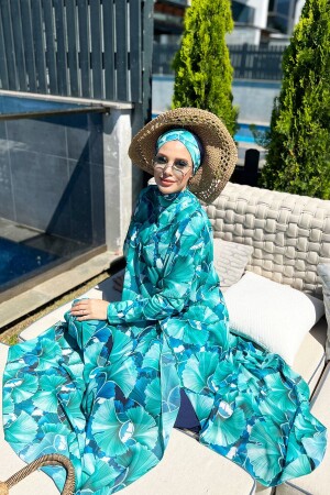 Patterned Single Kaftan Pareo on Hijab Swimsuit Hawaii 430-133 Green - Remsa Mayo