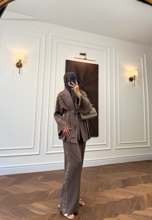 Payetli Kimono Takım - Vizon - Duendeca