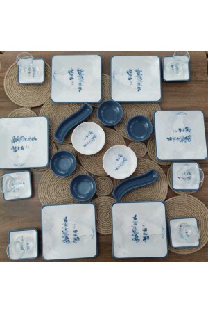 Peakgift 26 Pieces Blue Floral Patterned Square Breakfast Set for 6 People PKKR-4453001 - Keramika