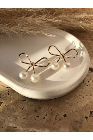 Pearl Bow Ribbon Earrings Gold Plated - Mrise