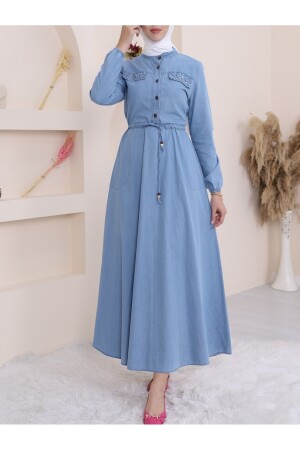 Pearl Detailed Tunnel Lace Long Denim Dress - Modamorfo