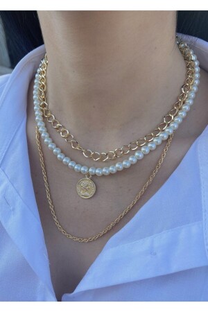 Pearl Medallion Gold Chain Combination Necklace - Takıtarzım