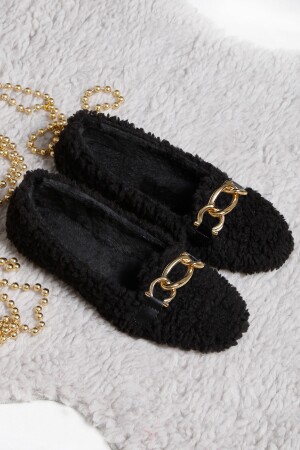 Peluş Tüylü Zincirli Kadın Ev Ayakkabısı Babet - Renklibutik