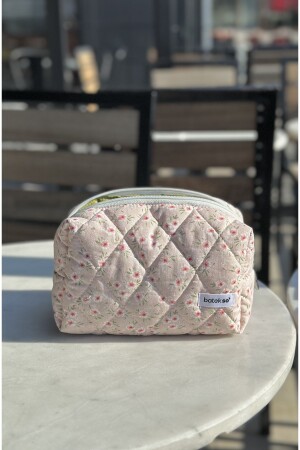 Pembe Çiçek Desenli Makyaj Çantası - Büyük Boy - Batekso