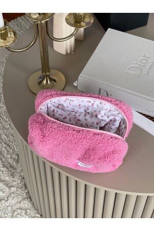 Pembe Kürklü Peluş Çiçekli Makyaj Çantası - Punchiess